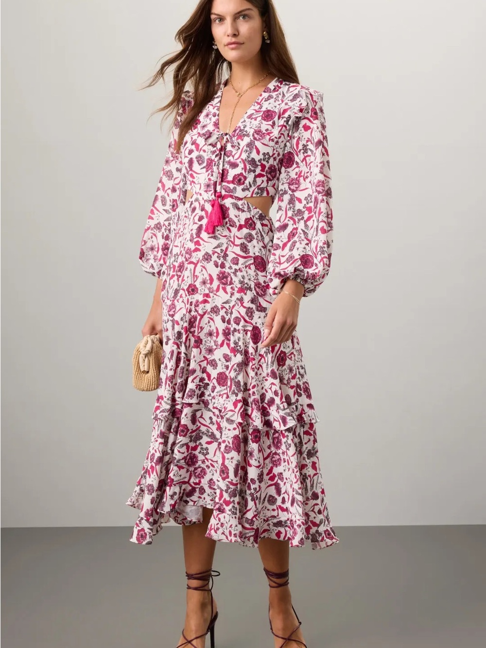 Alexis White and Pink Floral Cutout Midi Dress with Tassel